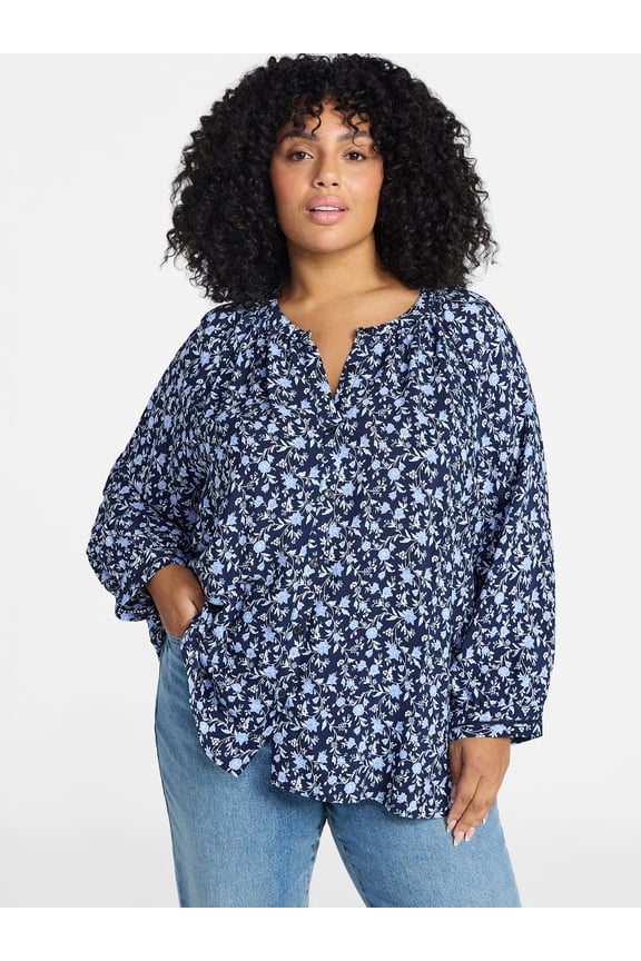 Women's Plus Size Button Blouse with 3/4-Length Sleeves, Sizes 0X-5X