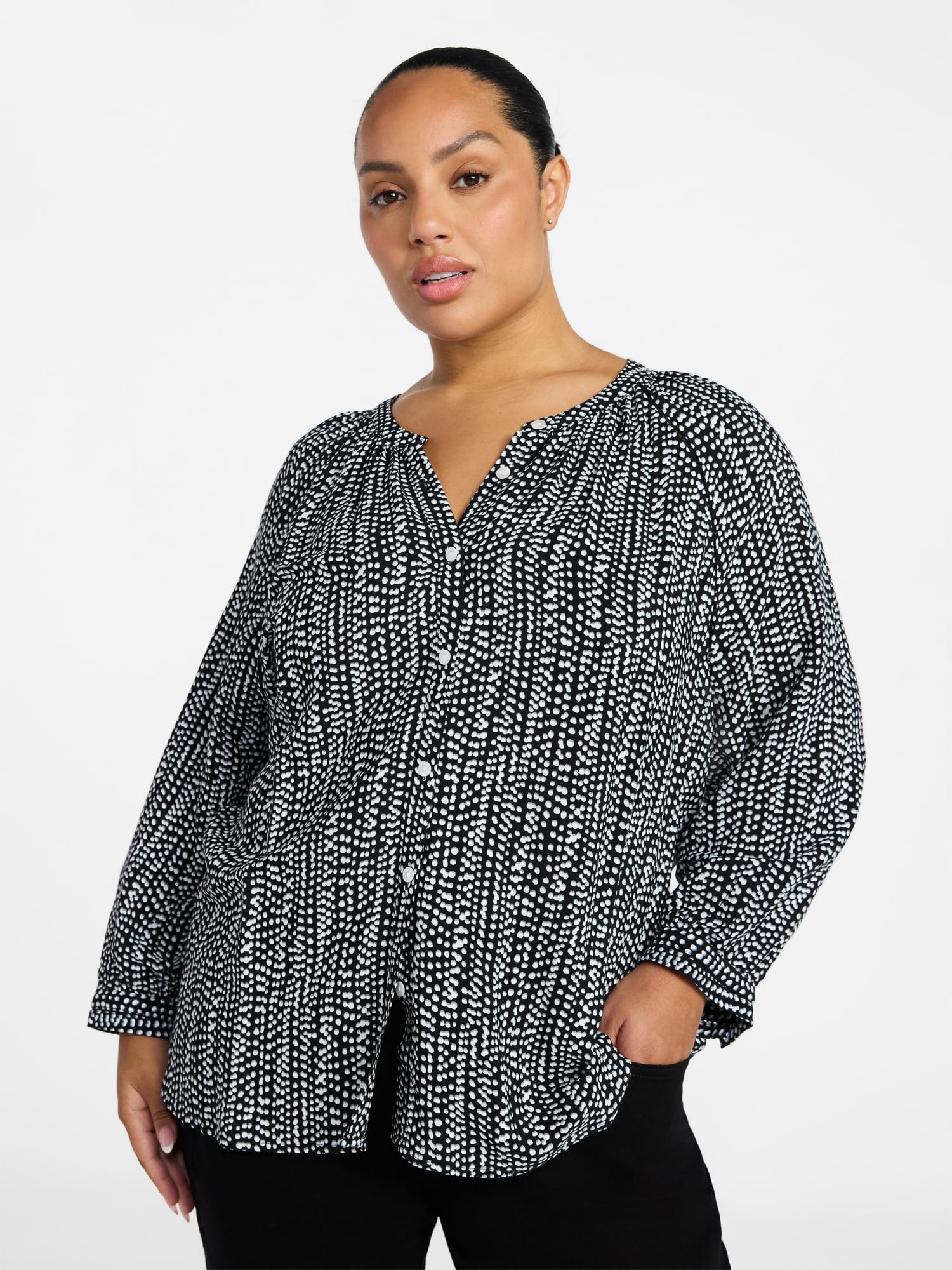 Terra & Sky Women's Plus Size Button Blouse with 3/4-Length Sleeves, Sizes 0X-5X
