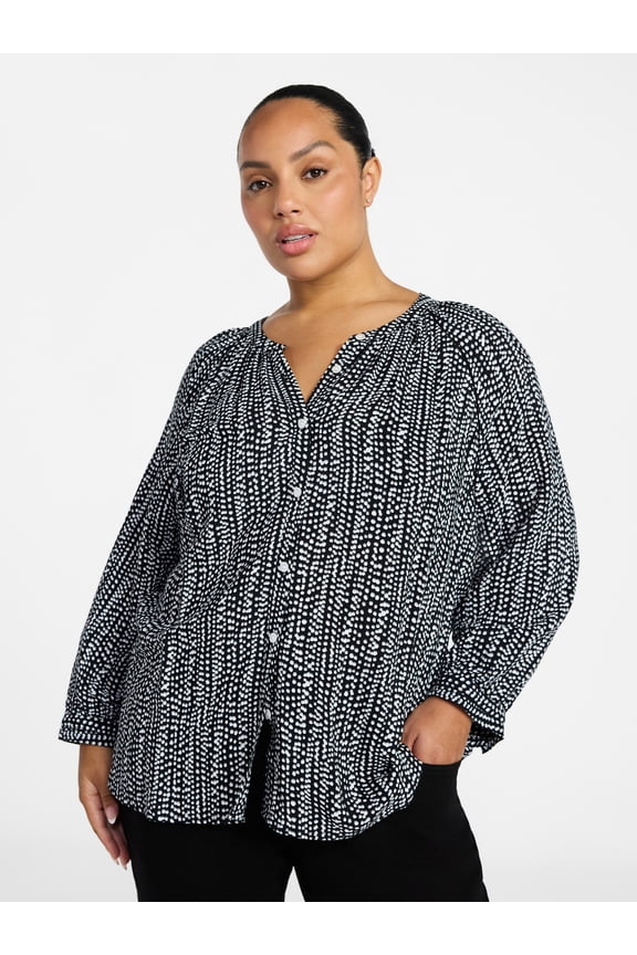 Women's Plus Size Button Blouse with 3/4-Length Sleeves, Sizes 0X-5X