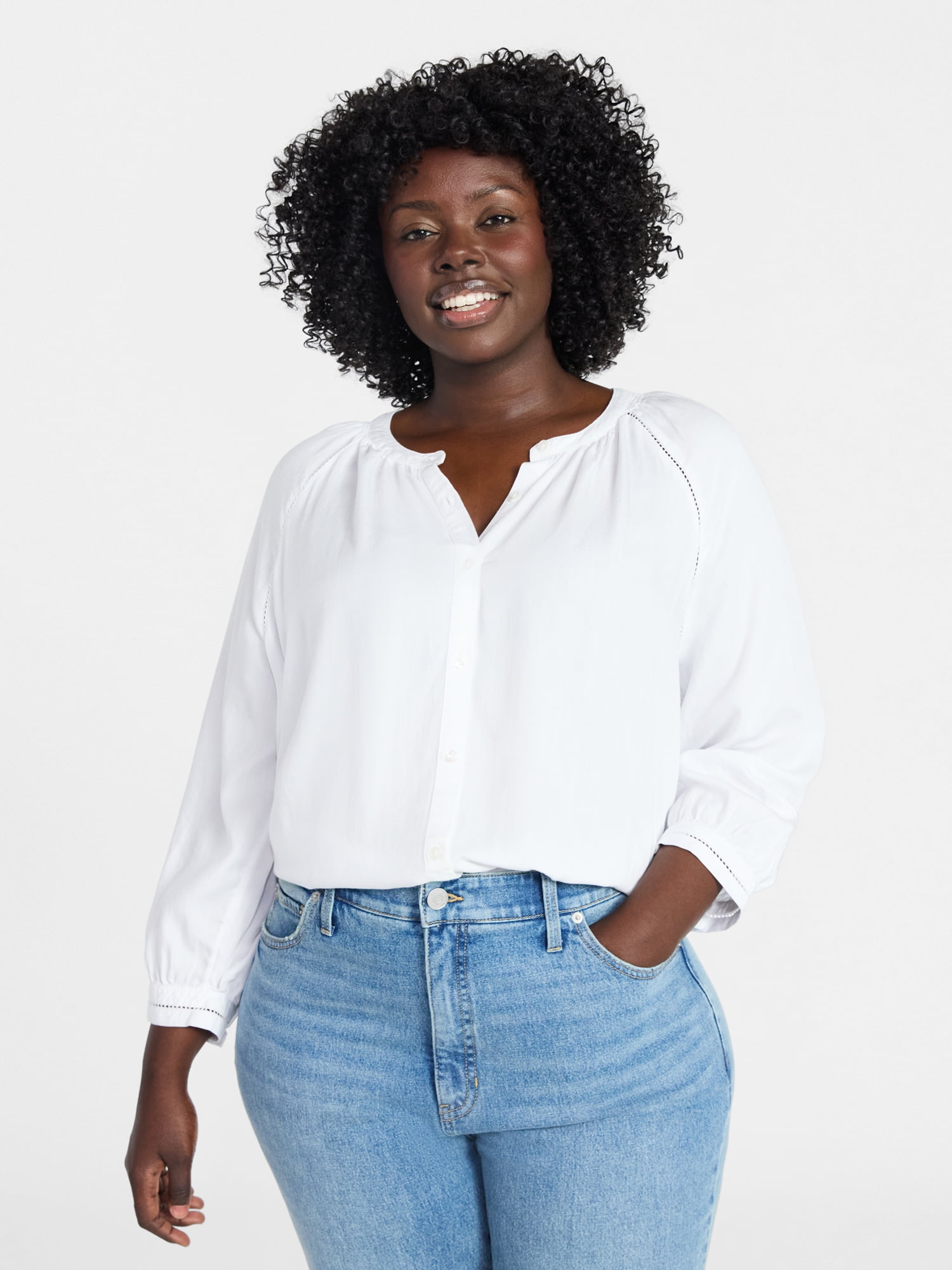 Terra & Sky Women's Plus Size Button Blouse with 3/4-Length Sleeves, Sizes 0X-5X