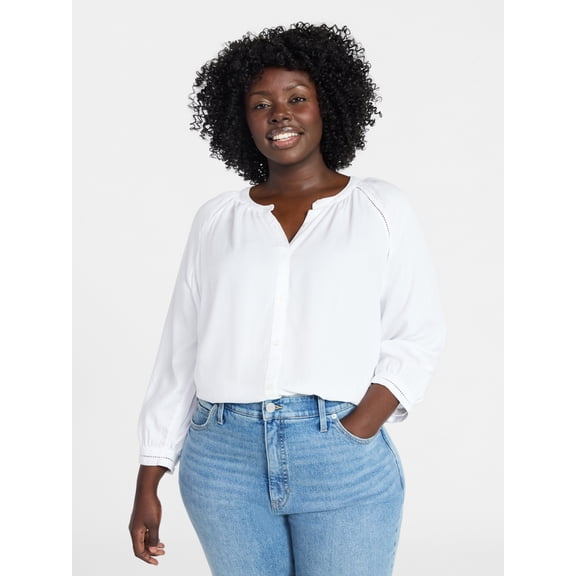Terra & Sky Women's Plus Size Button Blouse with 3/4-Length Sleeves, Sizes 0X-5X