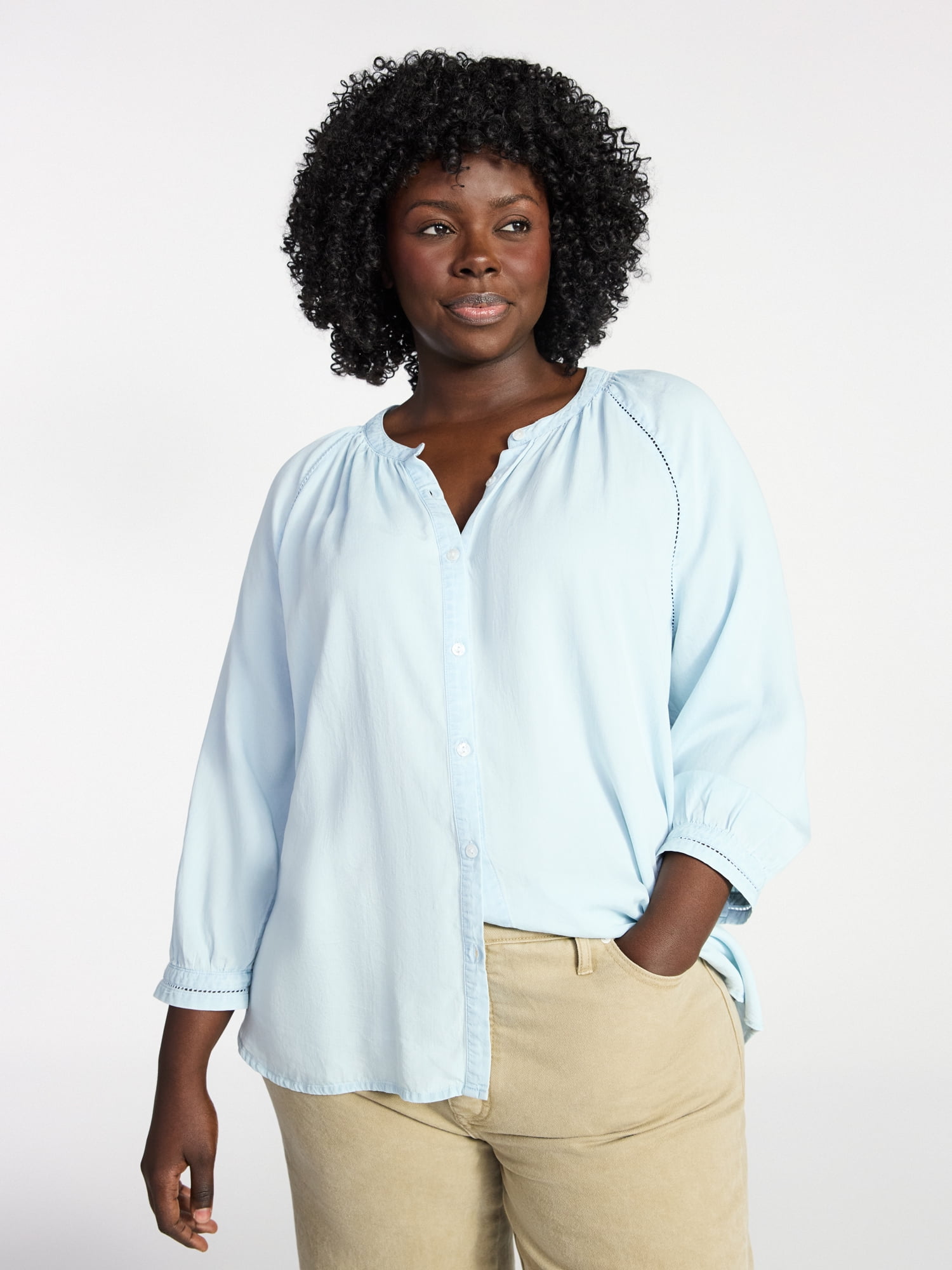Women's Plus Size Button Blouse with 3/4-Length Sleeves, Sizes 0X-5X