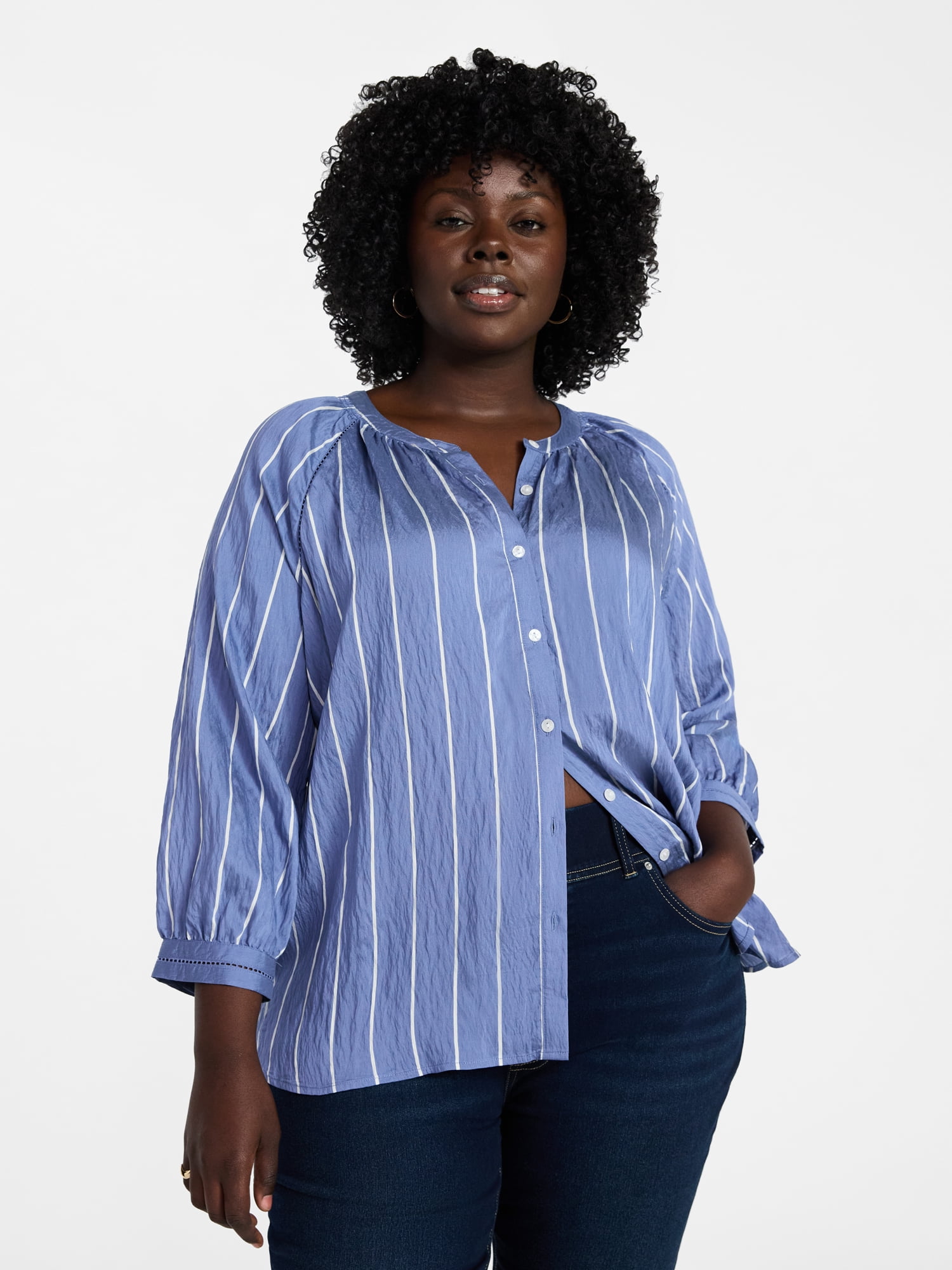 Terra & Sky Women's Plus Size Button Blouse with 3/4-Length Sleeves, Sizes 0X-5X