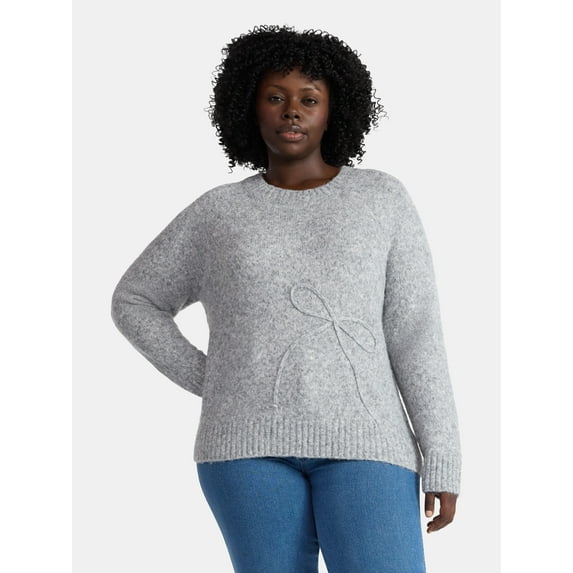 Terra & Sky Women’s Plus Bow Stitch Crewneck Sweater, Lightweight, Sizes 0X-5X