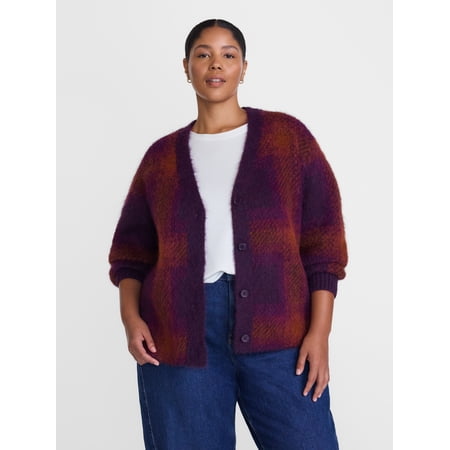 Terra & Sky Women's Plus Brushed Knit Button Front Plaid Cardigan, Midweight, Sizes 0X-5X