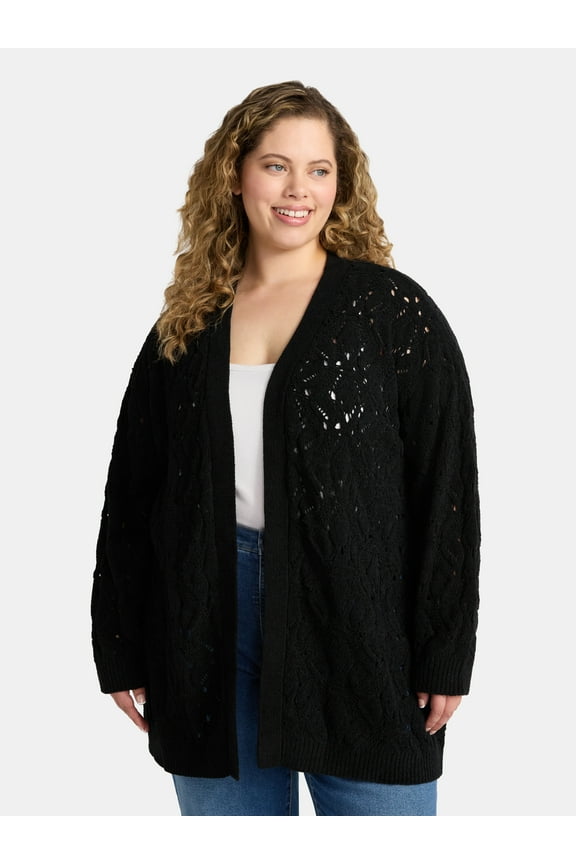 Women's Plus Chenille Crochet Cardigan Sweater, Midweight, Sizes 0X-5X