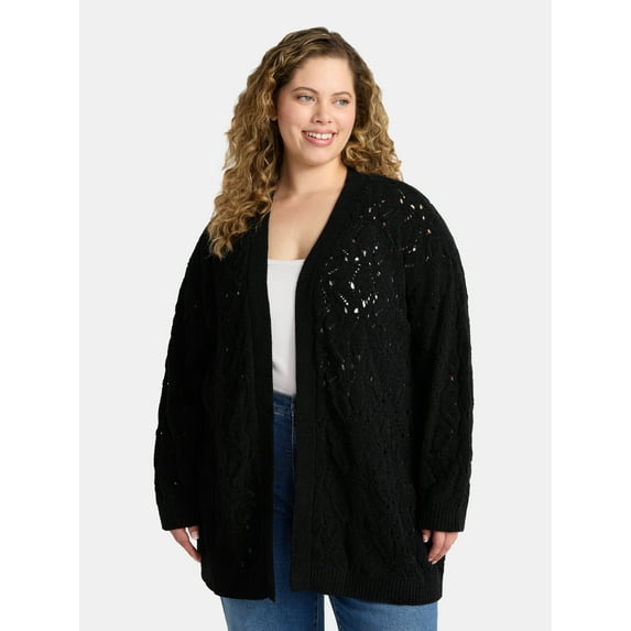 Terra & Sky Women's Plus Chenille Crochet Cardigan Sweater, Midweight, Sizes 0X-5X