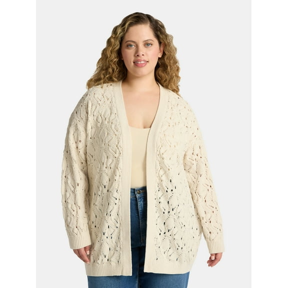 Terra & Sky Women's Plus Chenille Crochet Cardigan Sweater, Midweight, Sizes 0X-5X