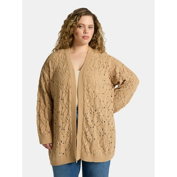 Terra & Sky Women's Plus Chenille Crochet Cardigan Sweater, Midweight, Sizes 0X-5X