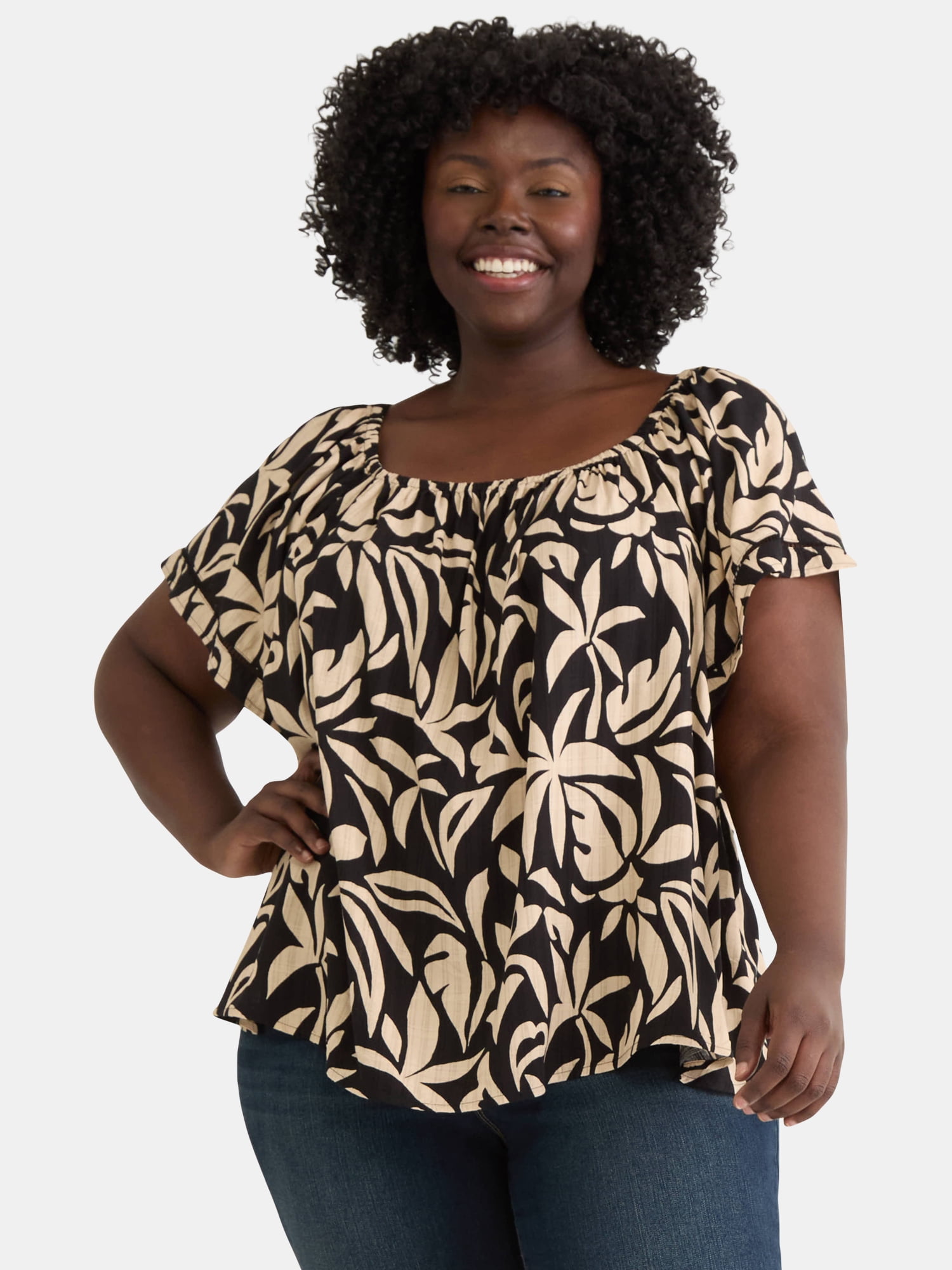 Terra & Sky Women's Plus Convertible Blouse with Short Sleeves, Sizes 0X-5X