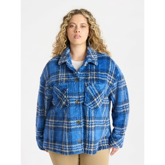 Terra & Sky Women's Plus Size Cozy Button Front Shacket with Long Sleeves, Sizes 0X-5X