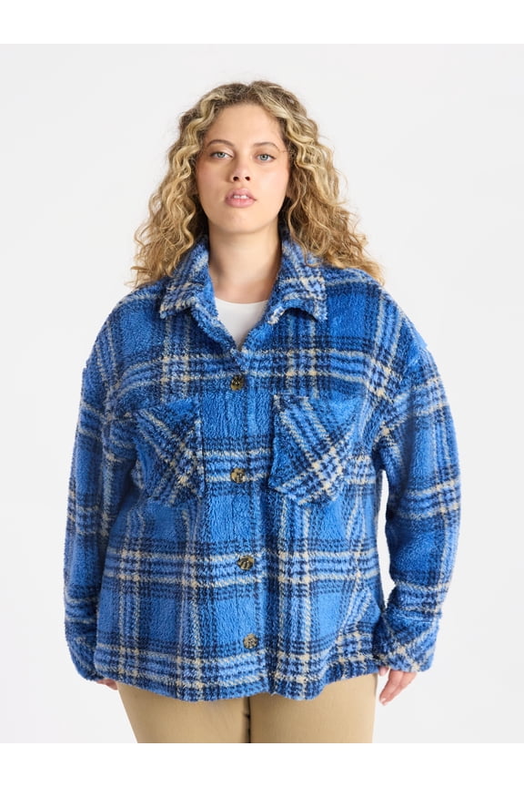 Women's Plus Size Cozy Button Front Shacket with Long Sleeves, Sizes 0X-5X