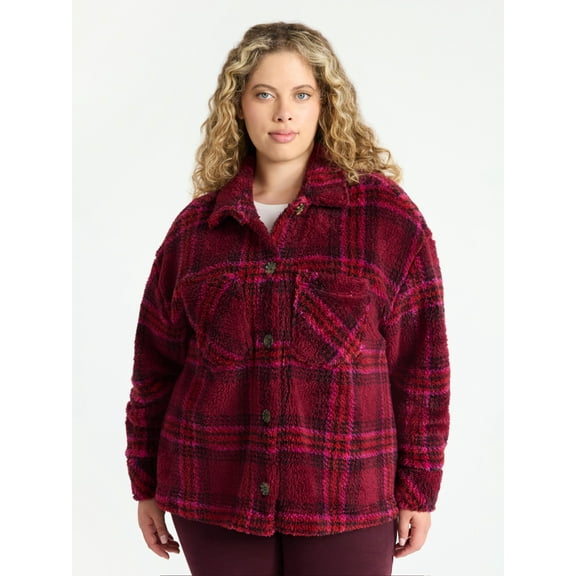 Terra & Sky Women's Plus Size Cozy Button Front Shacket with Long Sleeves, Sizes 0X-5X