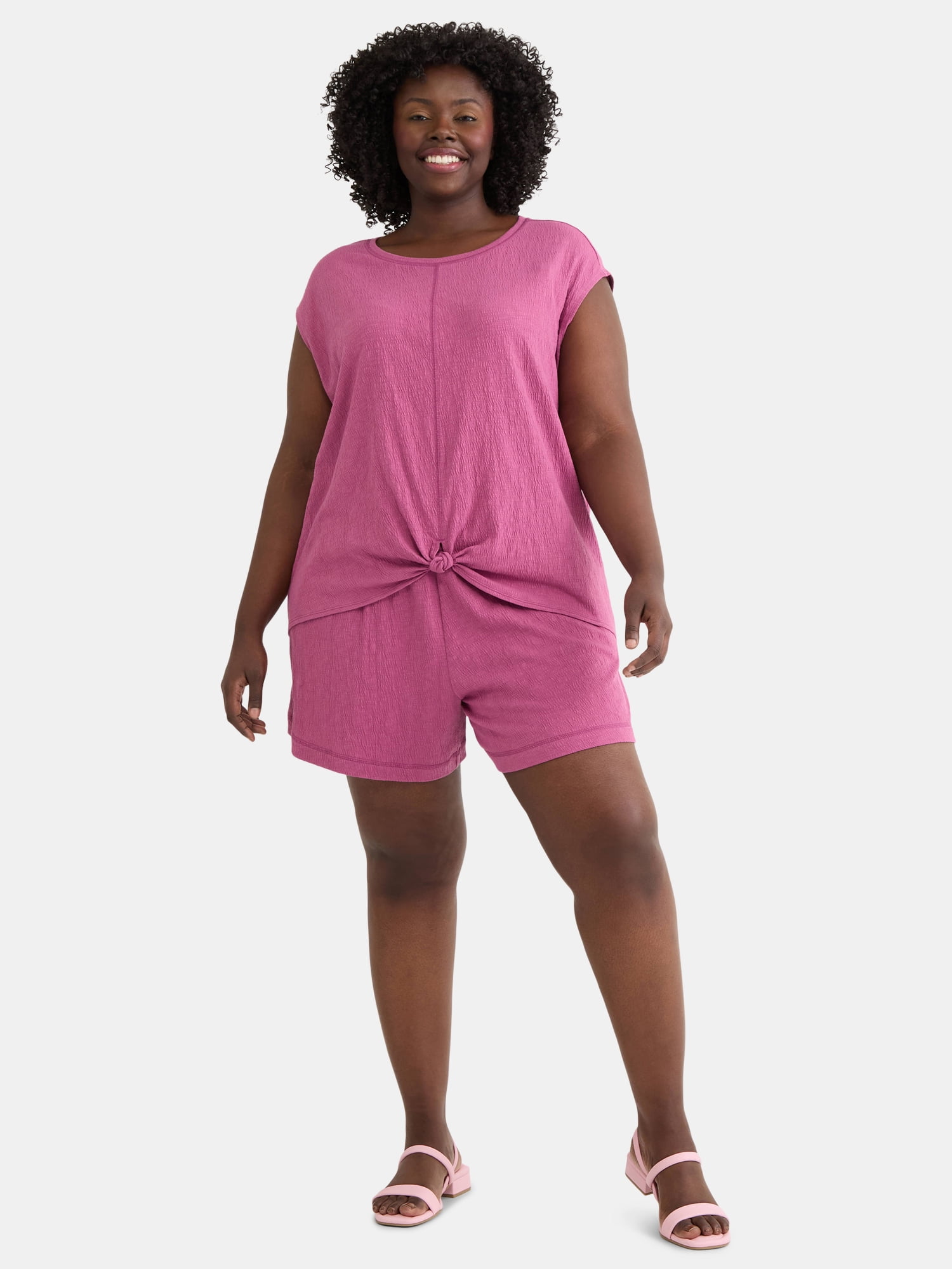 Terra & Sky Women's Plus Crinkle Knit Twist Top and Shorts Set, 2-Piece, Sizes 0X-5X