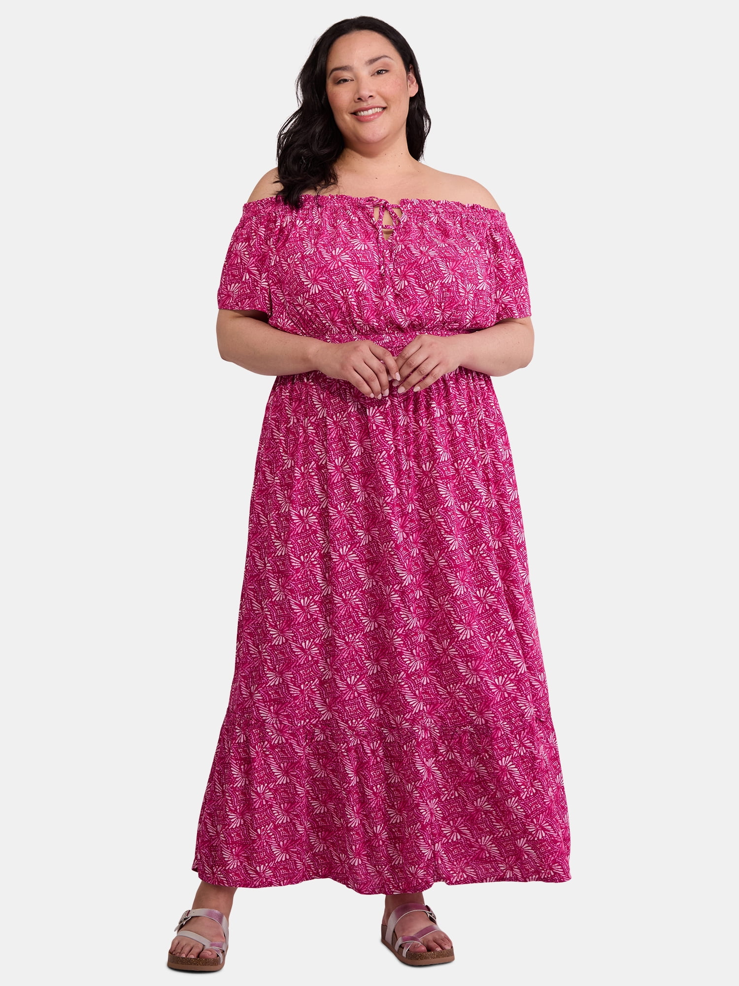 Terra & Sky Women's Plus Crinkle Off Shoulder Maxi Dress, Sizes 0X-5X