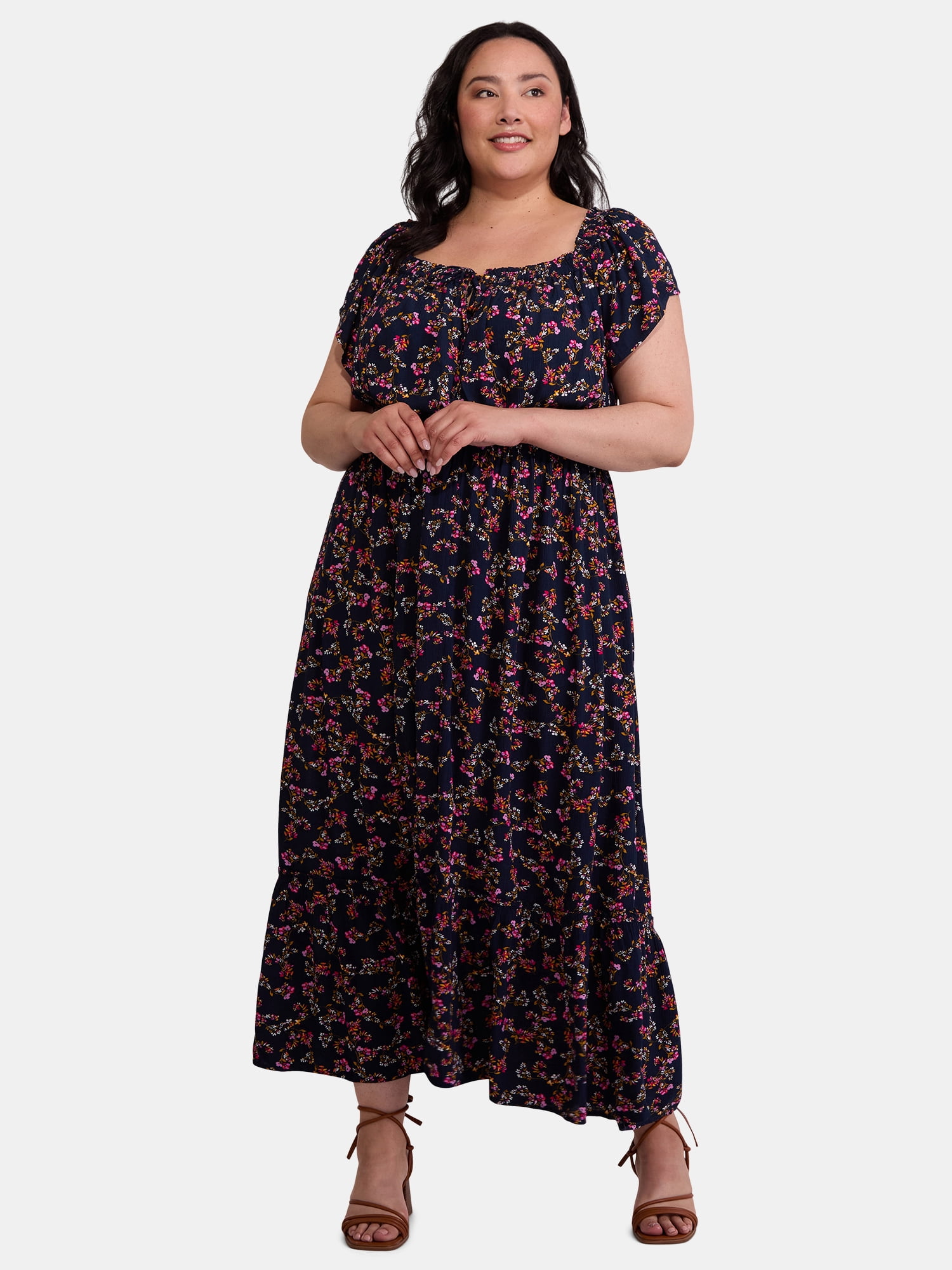 Terra & Sky Women's Plus Crinkle Off Shoulder Maxi Dress, Sizes 0X-5X