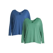 Terra & Sky Women's Plus Double V-Neck T-Shirt with Long Sleeves, 2-Pack, Sizes 1X-5X