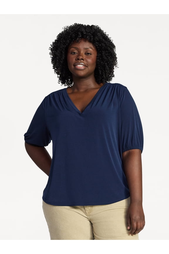 Women's Plus Size V Neck Tee with Elbow Sleeves, Sizes 0X-5X