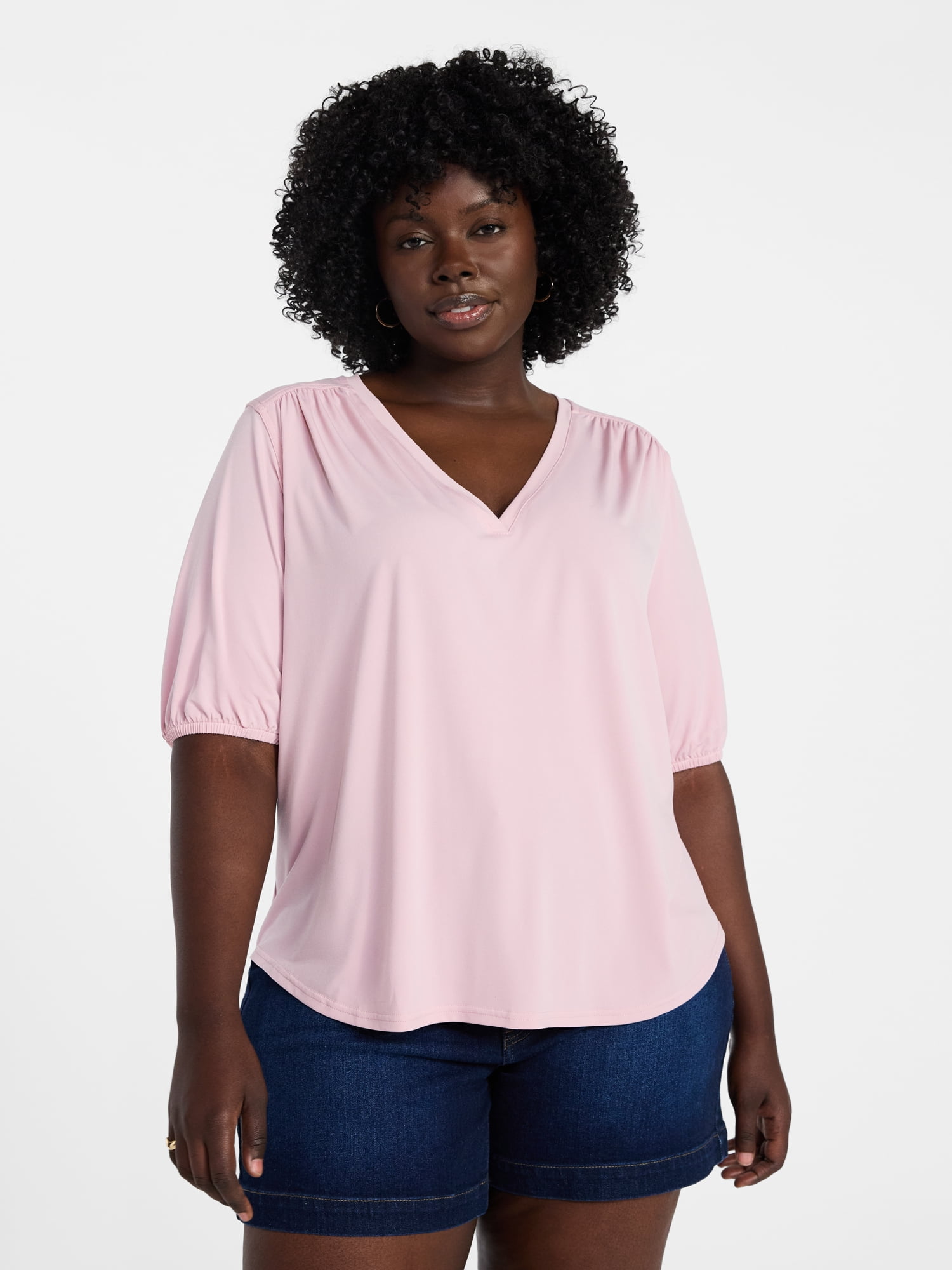 Women's Plus Size V Neck Tee with Elbow Sleeves, Sizes 0X-5X