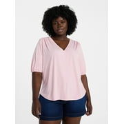 TERRA & SKY Women's Plus Size V Neck Tee with Elbow Sleeves, Sizes 0X-4X