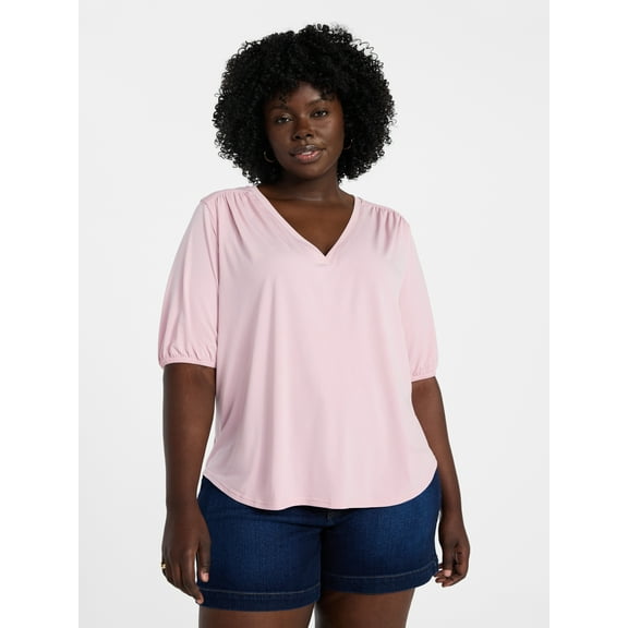 Terra & Sky Women's Plus Size V Neck Tee with Elbow Sleeves, Sizes 0X-5X
