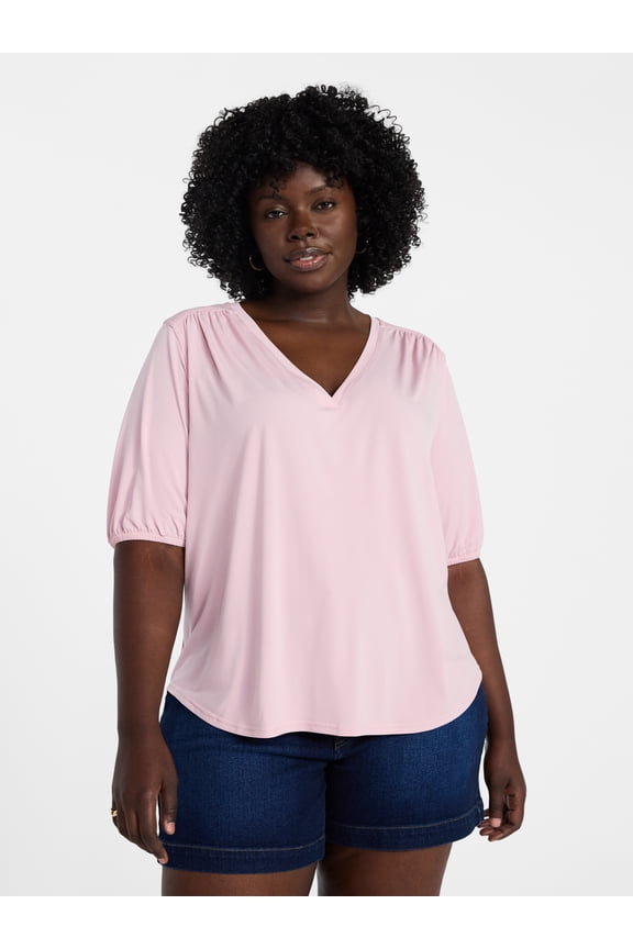 Women's Plus Size V Neck Tee with Elbow Sleeves, Sizes 0X-5X