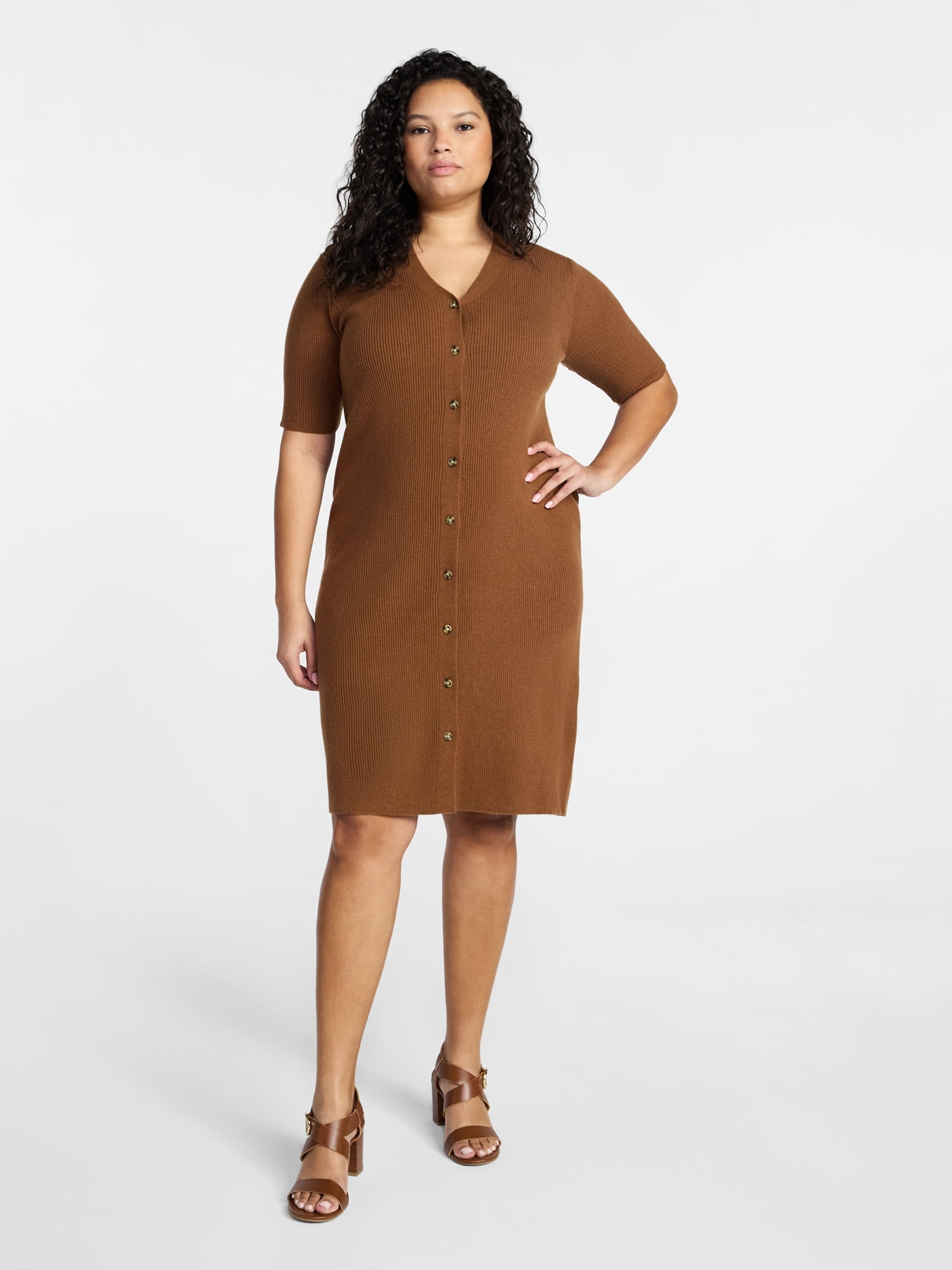 Terra & Sky Women’s Plus Fine Gauge Rib Knit Dress, Sizes 0X-5X