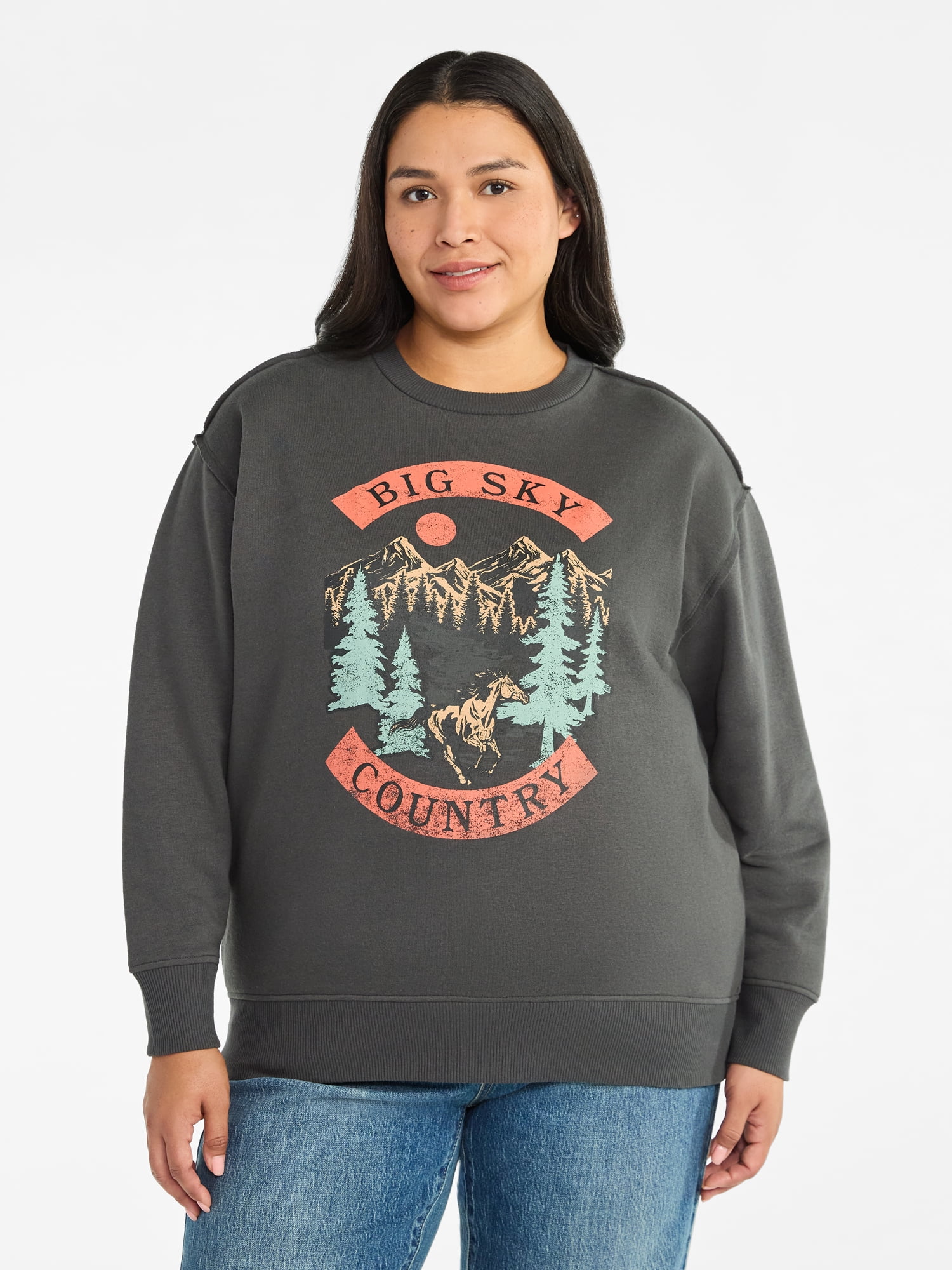 Terra & Sky Women's Plus Size Big Sky Midwest Graphic Sweatshirt