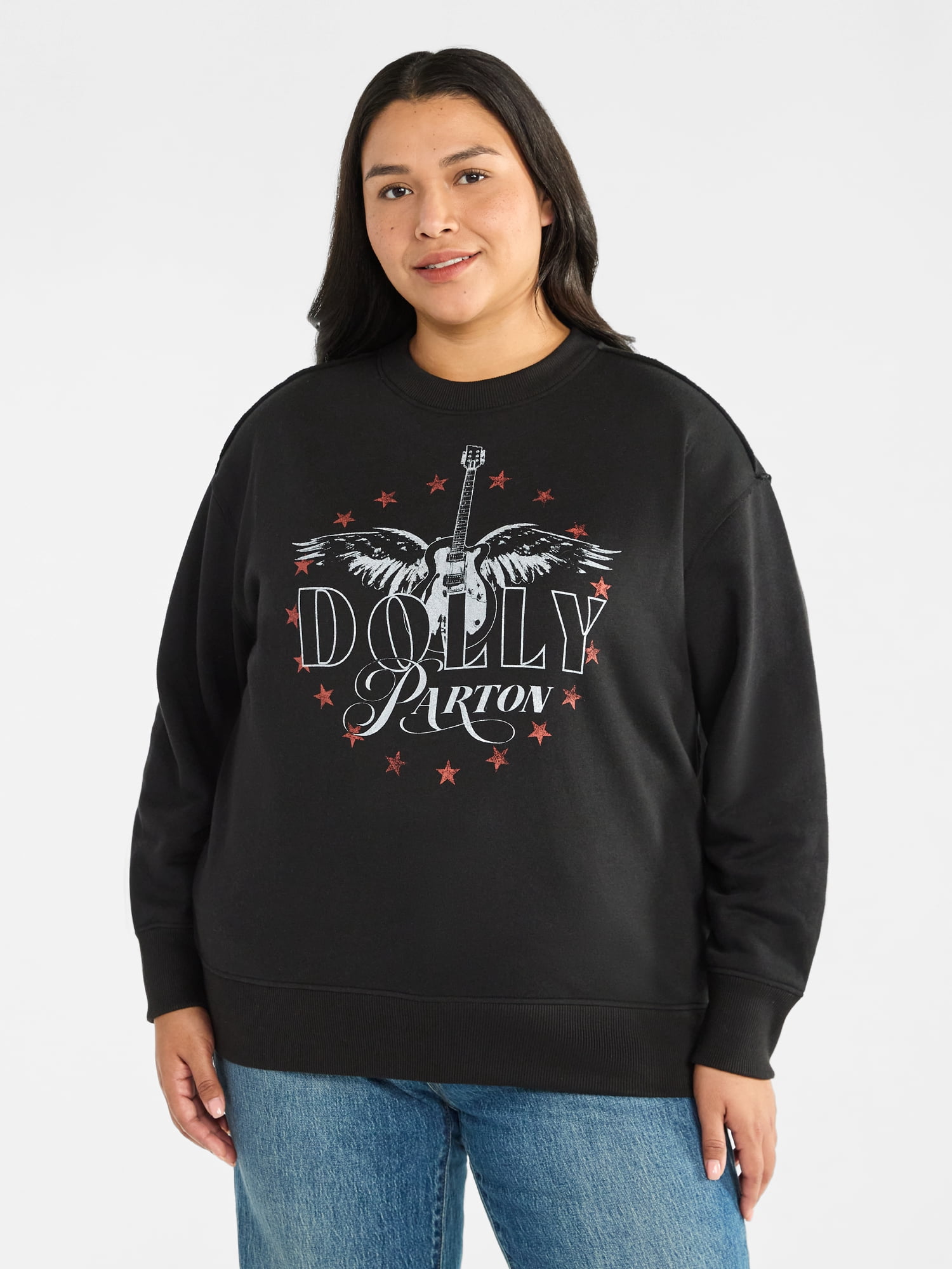 Terra & Sky Women's Plus Size Dolly Parton Guitar Wing Star Graphic Sweatshirt with Long Sleeves, Sizes 0X-4X