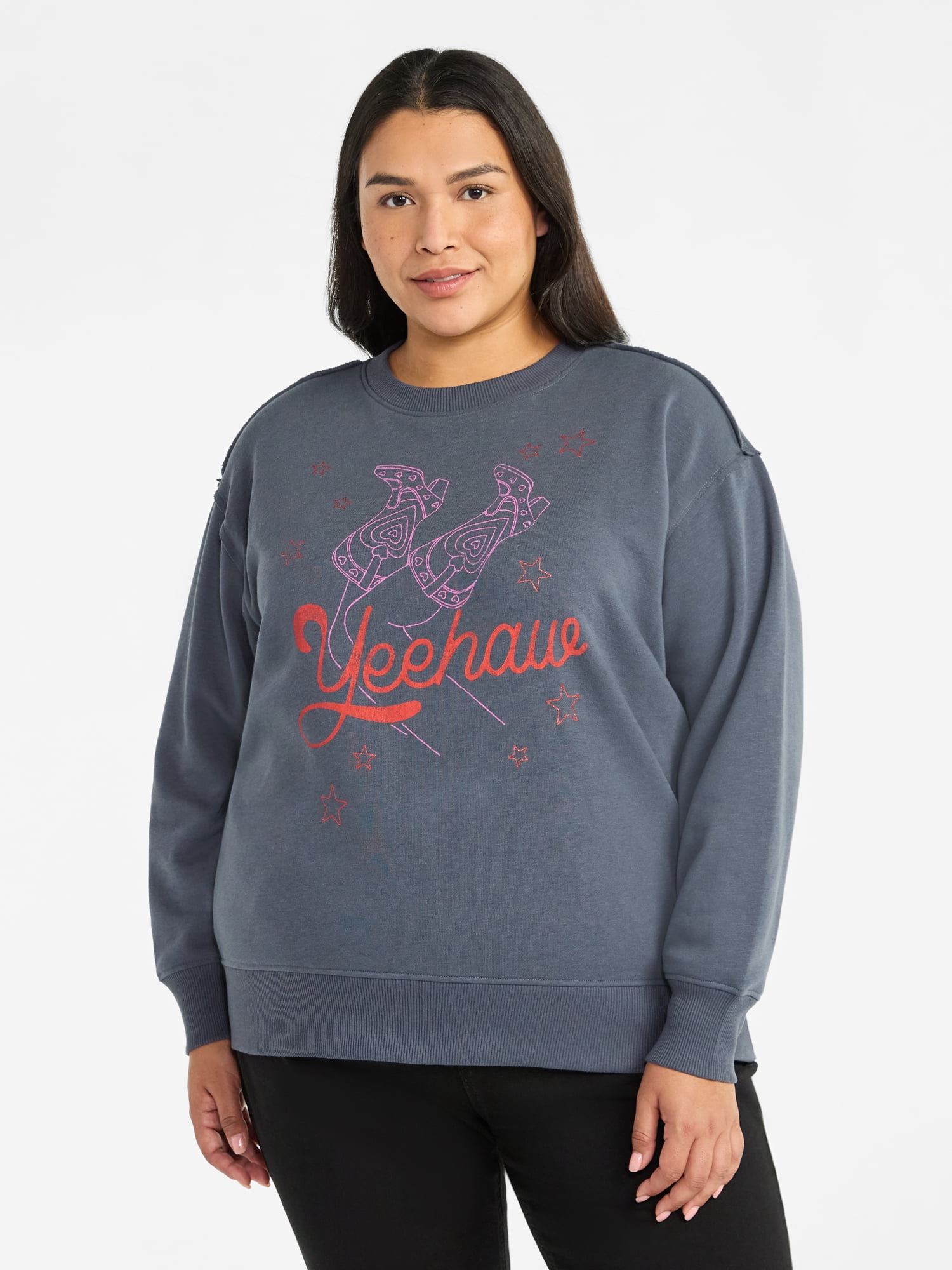 Terra & Sky Women's Plus Size Yeehaw Boots Graphic Sweatshirt with Long Sleeves, Sizes 0X-4X