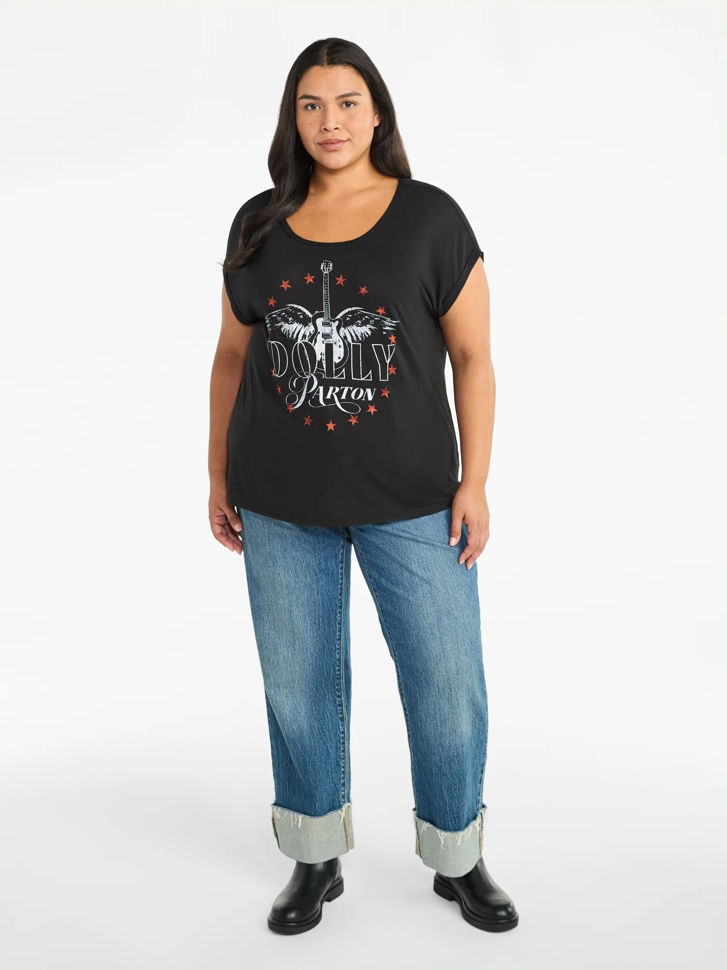 Terra & Sky Women's Plus Size Dolly Parton Guitar Wing Star Graphic Tee with Short Sleeves, Sizes 0X-4X