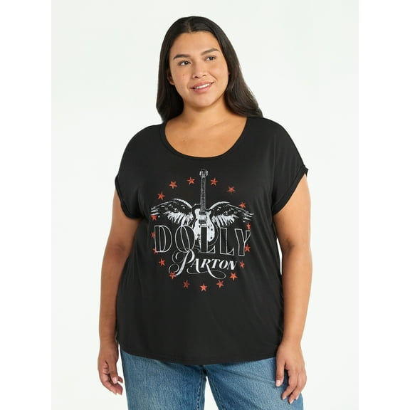 Terra & Sky Women's Plus Size Dolly Parton Guitar Wing Star Graphic Tee with Short Sleeves, Sizes 0X-4X