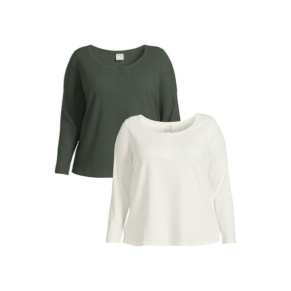 Terra & Sky Women’s Plus Henley Rib Knit Jersey Top, 2-Pack