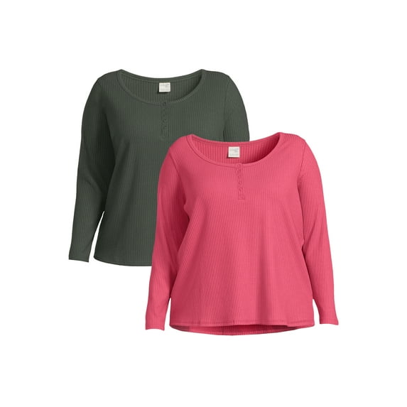 Terra & Sky Women’s Plus Henley Rib Knit Jersey Top, 2-Pack