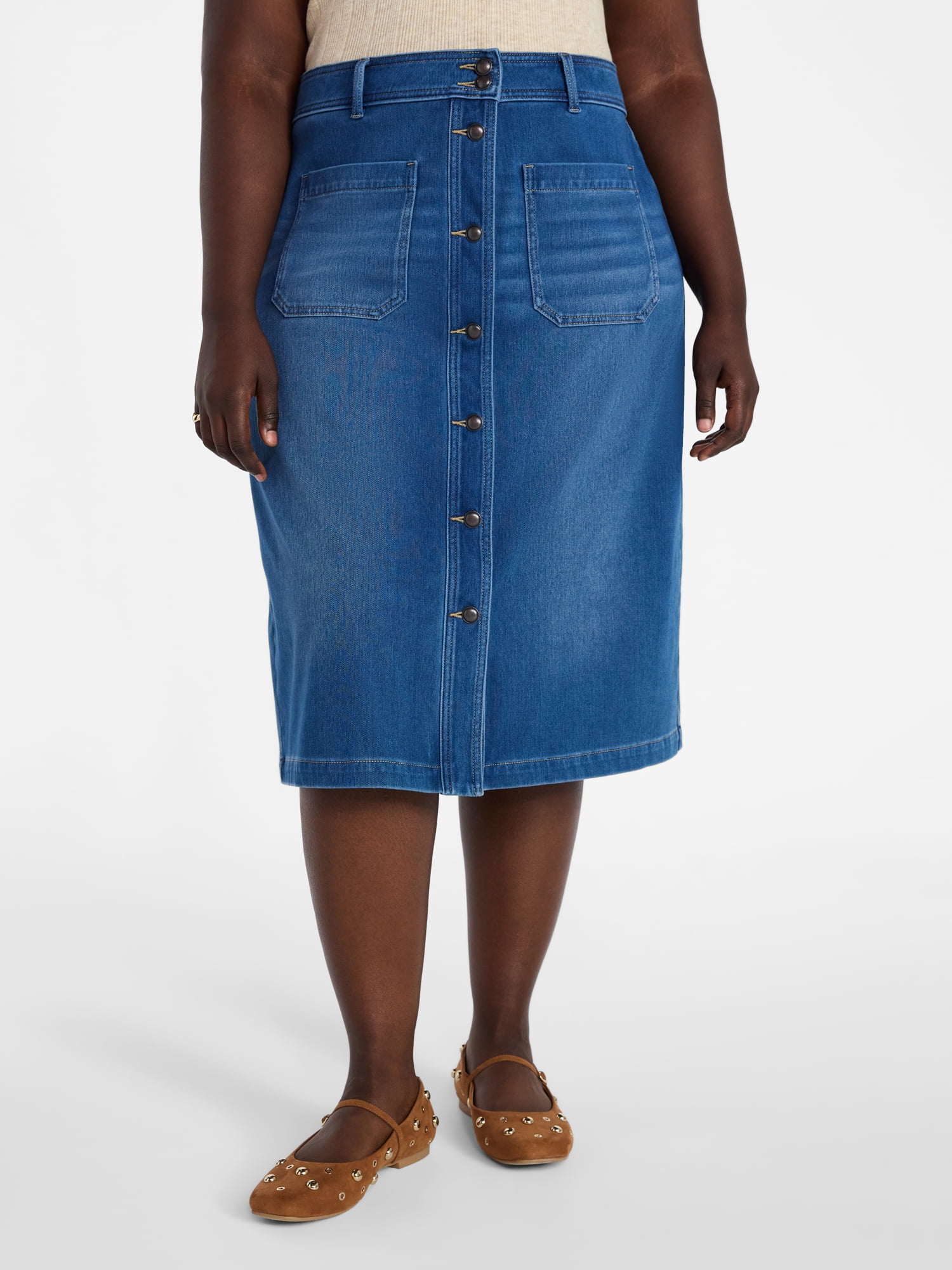 Terra & Sky Women's Plus Size Knit Denim Skirt, 30" Length, Sizes 16W-24W