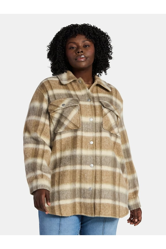 Women's Plus Longline Brushed Plaid Shacket, Midweight, Sizes 0X-5X