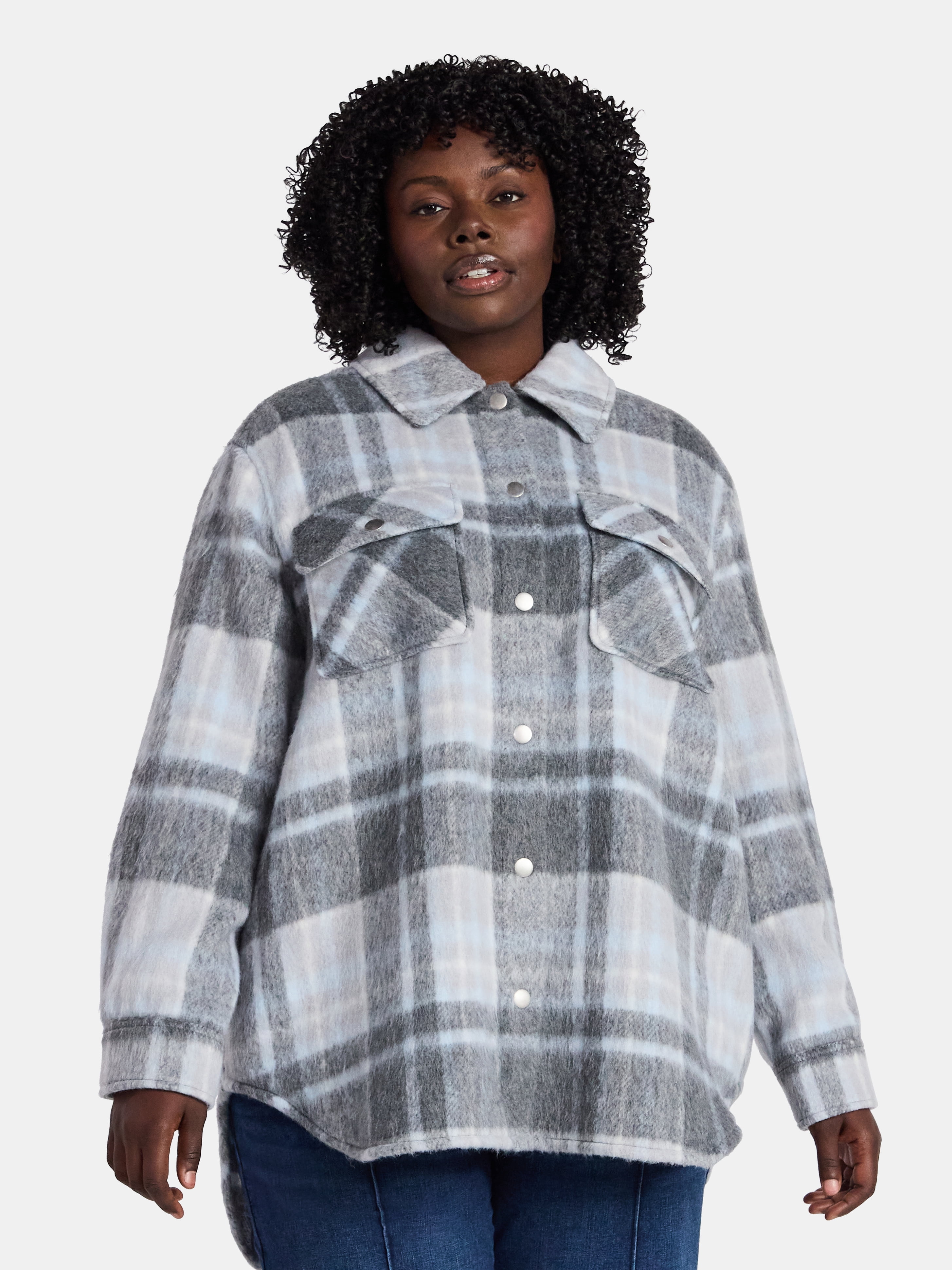 Women's Plus Longline Brushed Plaid Shacket, Midweight, Sizes 0X-5X
