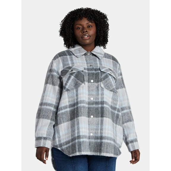 Terra & Sky Women's Plus Longline Brushed Plaid Shacket, Midweight, Sizes 0X-5X