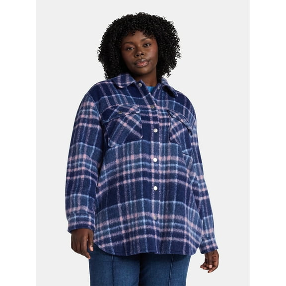 Terra & Sky Women's Plus Longline Brushed Plaid Shacket, Midweight, Sizes 0X-5X