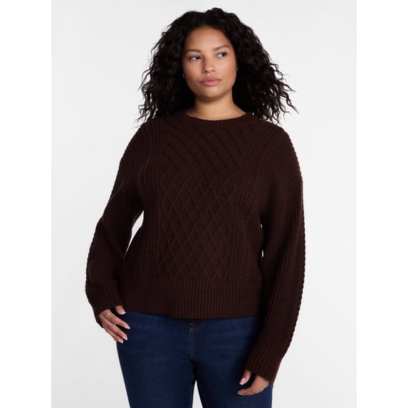 Terra & Sky Women's Plus Mid-Weight Crewneck Pullover Sweater, Carob