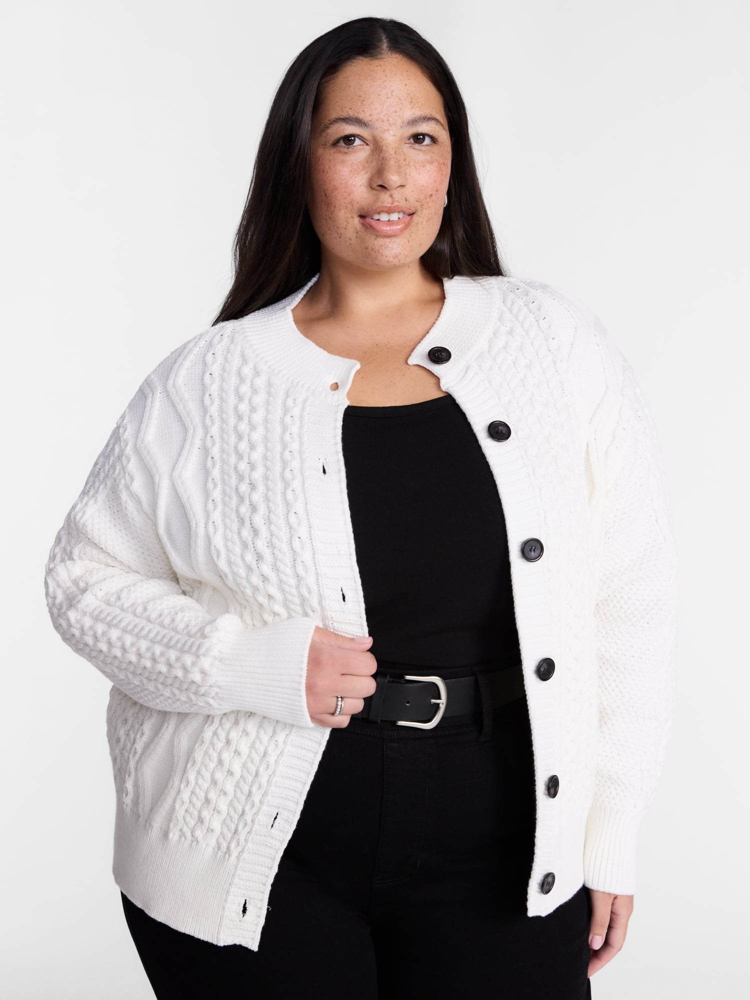 Terra & Sky Women's Plus Cable Knit Cardigan with Long Sleeves, Midweight, Sizes 0X-5X