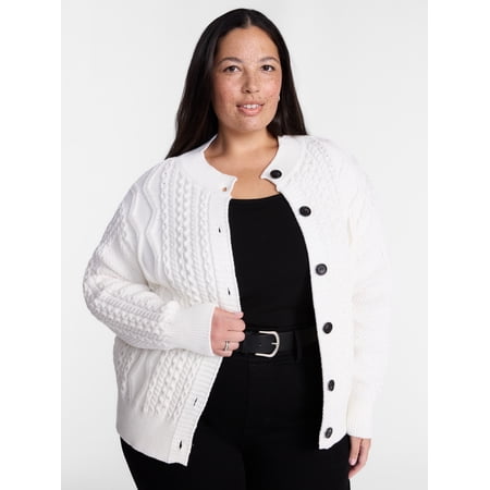 Terra & Sky Women's Plus Cable Knit Cardigan with Long Sleeves, Midweight, Sizes 0X-5X