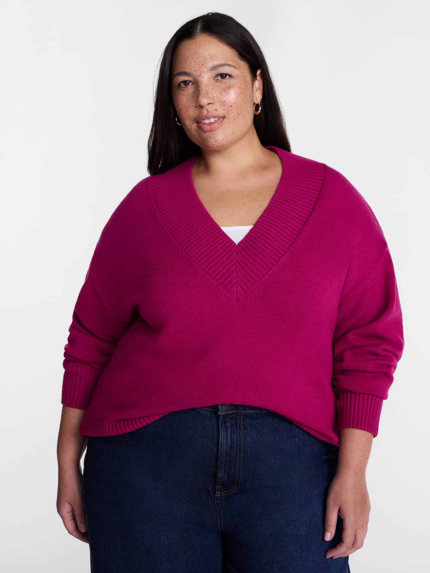 Terra & Sky Women's Plus Deep V-Neck Sweater with Long Sleeves, Midweight, Sizes 0X-5X