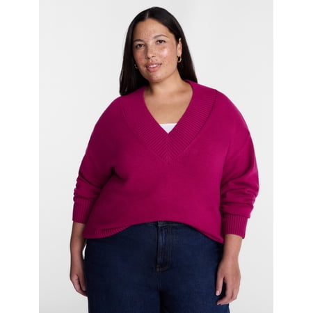 Terra & Sky Women's Plus Deep V-Neck Sweater with Long Sleeves, Midweight, Sizes 0X-5X