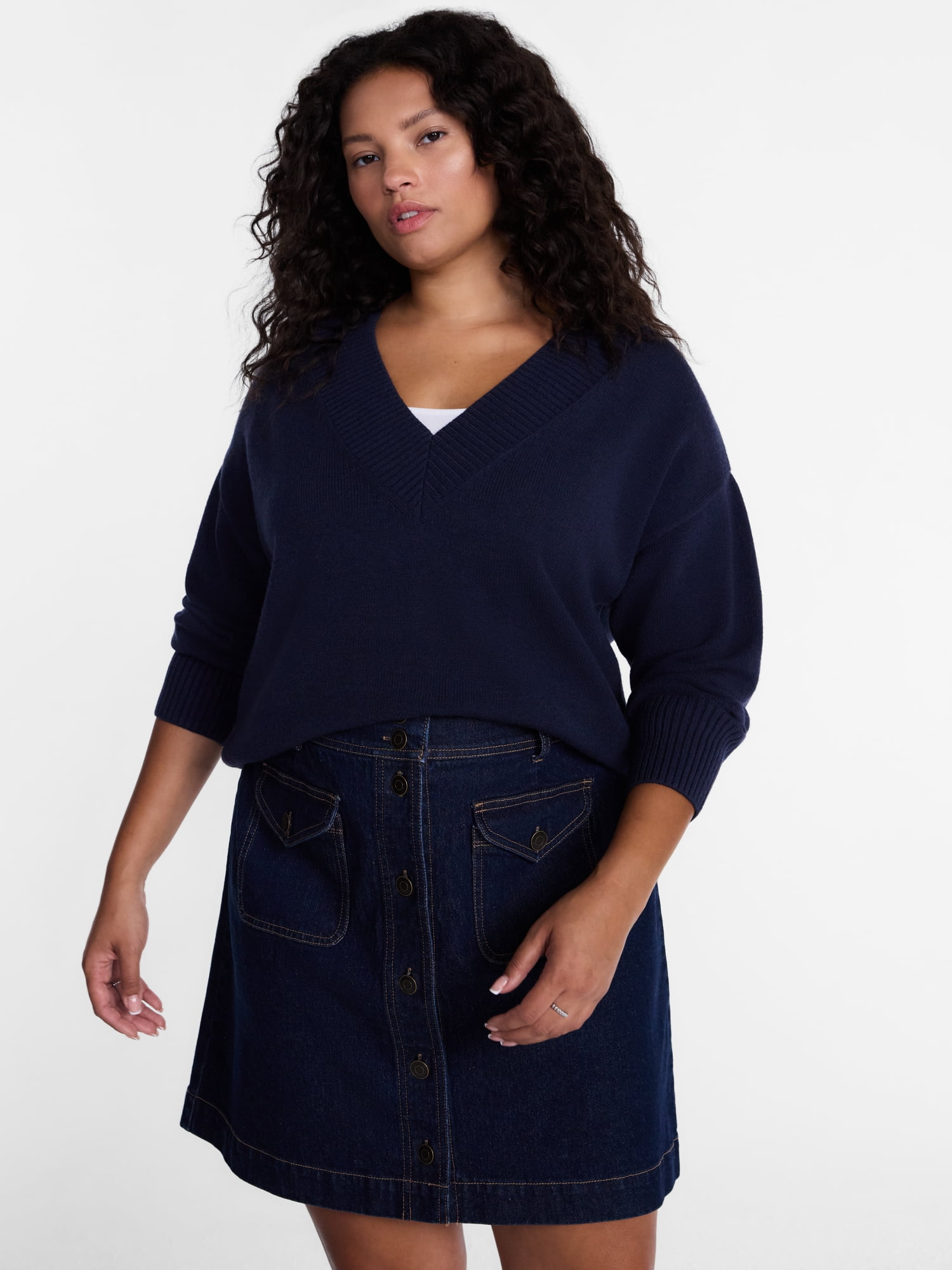 Terra & Sky Women's Plus Deep V-Neck Sweater with Long Sleeves, Midweight, Sizes 0X-5X