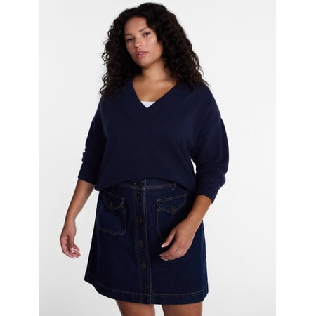 Terra & Sky Women's Plus Deep V-Neck Sweater with Long Sleeves, Midweight, Sizes 0X-5X