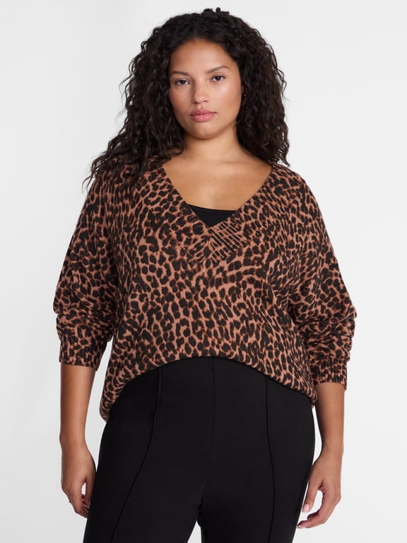 Women's Plus Deep V-Neck Sweater with Long Sleeves, Midweight, Sizes 0X-5X