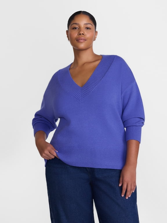 Women's Plus Deep V-Neck Sweater with Long Sleeves, Midweight, Sizes 0X-5X