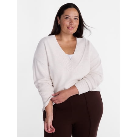 Terra & Sky Women's Plus Deep V-Neck Sweater with Long Sleeves, Midweight, Sizes 0X-5X