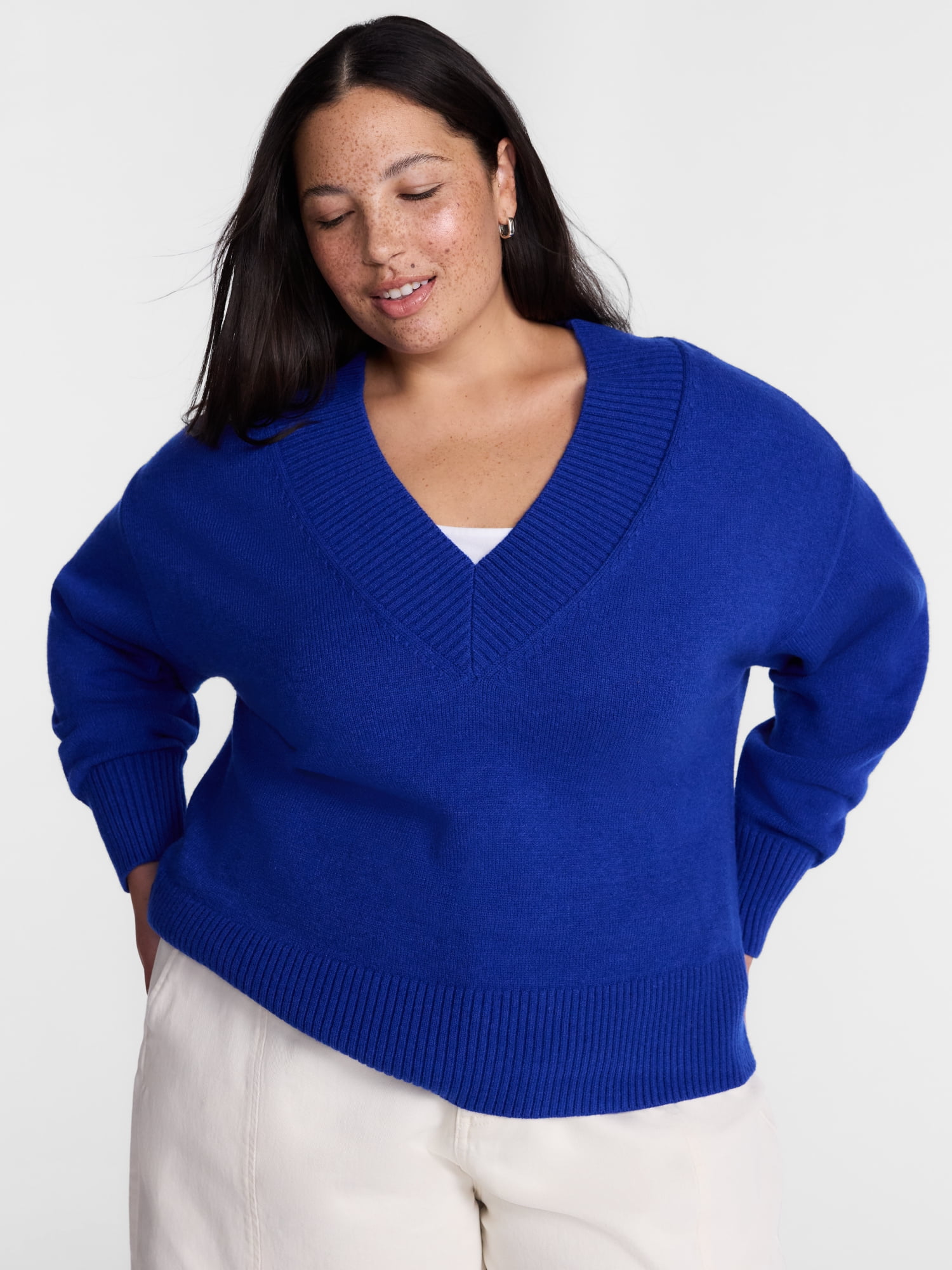 Terra & Sky Women's Plus Deep V-Neck Sweater with Long Sleeves, Midweight, Sizes 0X-5X